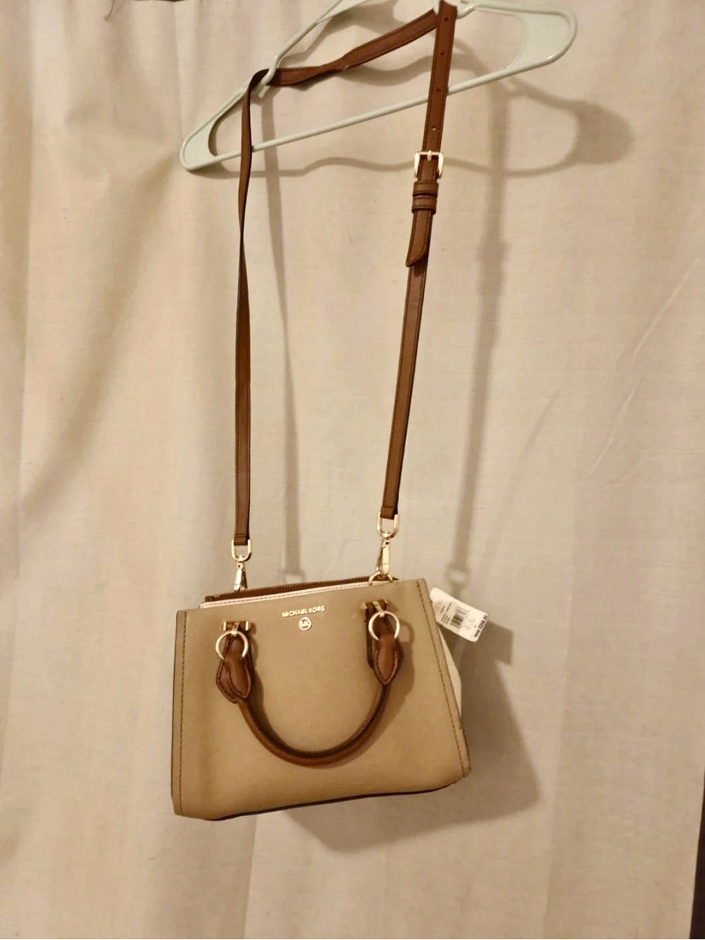 NWT MICHAEL KORS Taupe/Brown Leather Marilyn Satchel with Detachable Strap